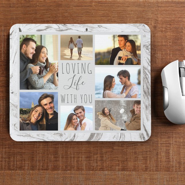 Grey Marble 7 Photo Collage - Loving Life with You Mouse Pad (Creator Uploaded)
