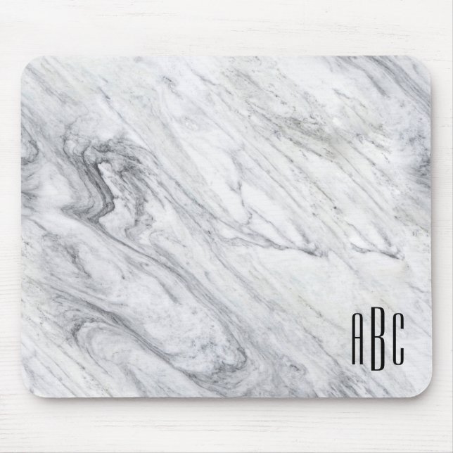 Grey Marble Black Three Letter Monogram Mouse Pad (Front)