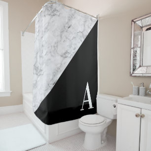 Grey Marble Black Triangle Colour Block Monogram Shower Curtain