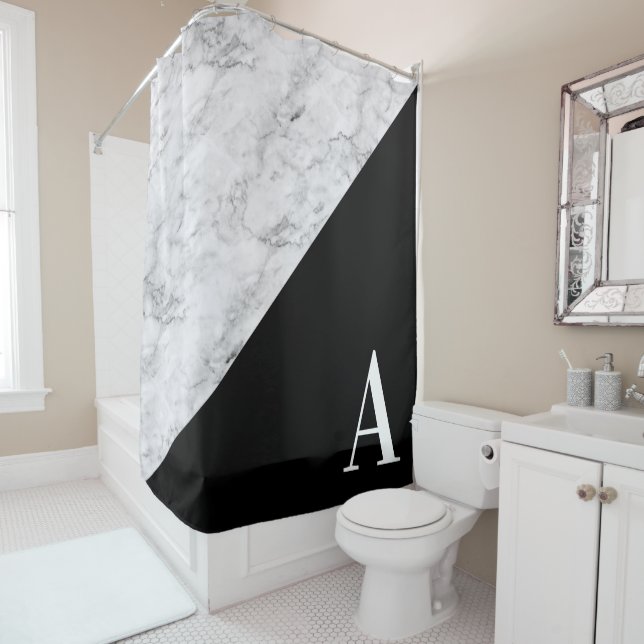Grey Marble Black Triangle Colour Block Monogram Shower Curtain (In Situ)