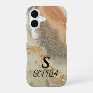 Grey marble chic gold glitter monogram iPhone 16 case