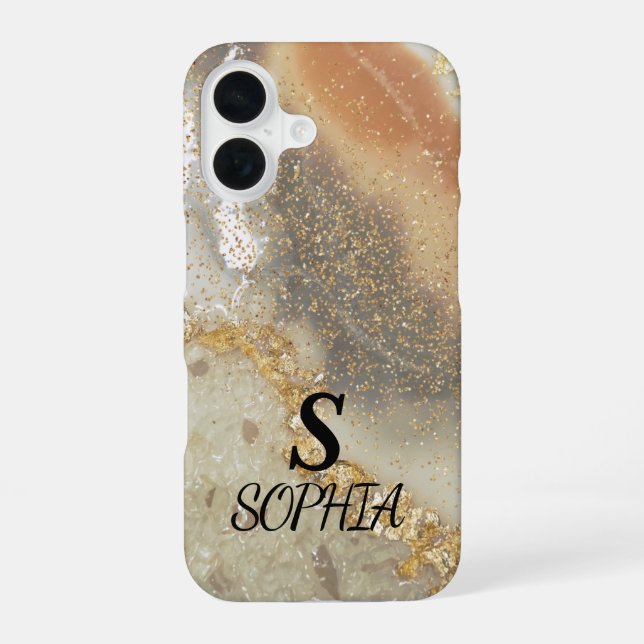 Grey marble chic gold glitter monogram iPhone 16 case (Back)