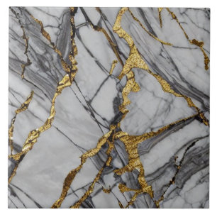 Grey Marble Effect with Bold Gold Fissures Ceramic Tile