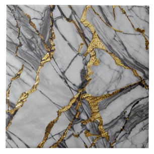 Grey Marble Effect with Bold Gold Fissures Ceramic Tile