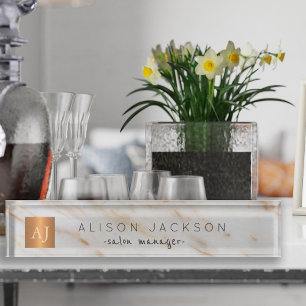 Grey marble gold steel copper metallic monogram nameplate