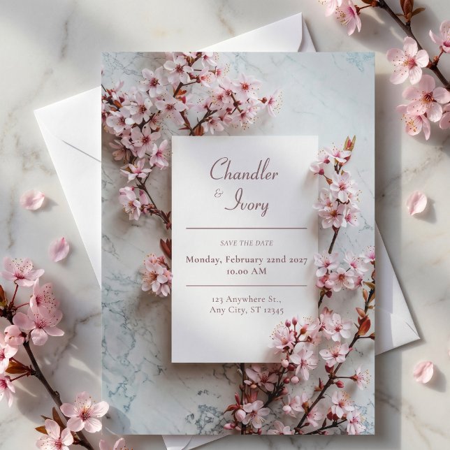 Grey Marble Pink Sakura Botanical Frame Wedding Invitation (Creator Uploaded)