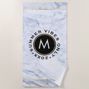 Grey Marble Print Summer Vibes Only Text Beach Towel