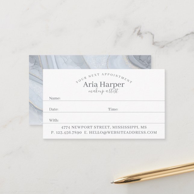 Grey Marble & Silver Geode Gold Glitter Agate Appointment Card (Front/Back In Situ)