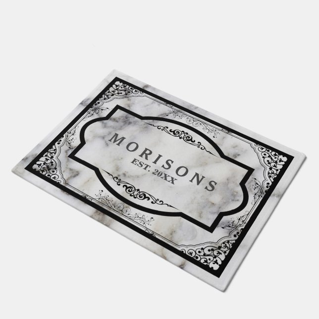 Grey Marble Stone Black Vintage Frame Doormat (Angled)