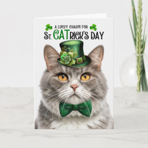 Grey Marble Tabby Cat St CATrick's Day Lucky Charm Holiday Card