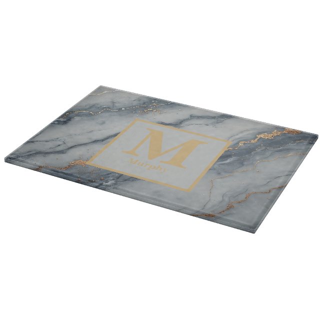 Grey Marble with Subtle Gold Speckles Monogram Cutting Board (Corner)