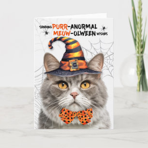 Grey Marbled Halloween Cat PURRanormal MEOWolween Holiday Card