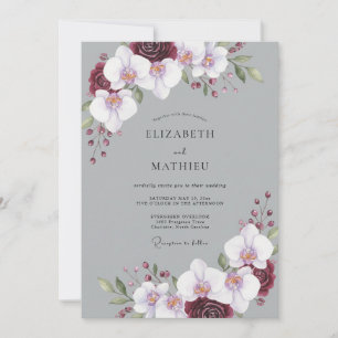 Grey Maroon Orchid Wedding Invitation