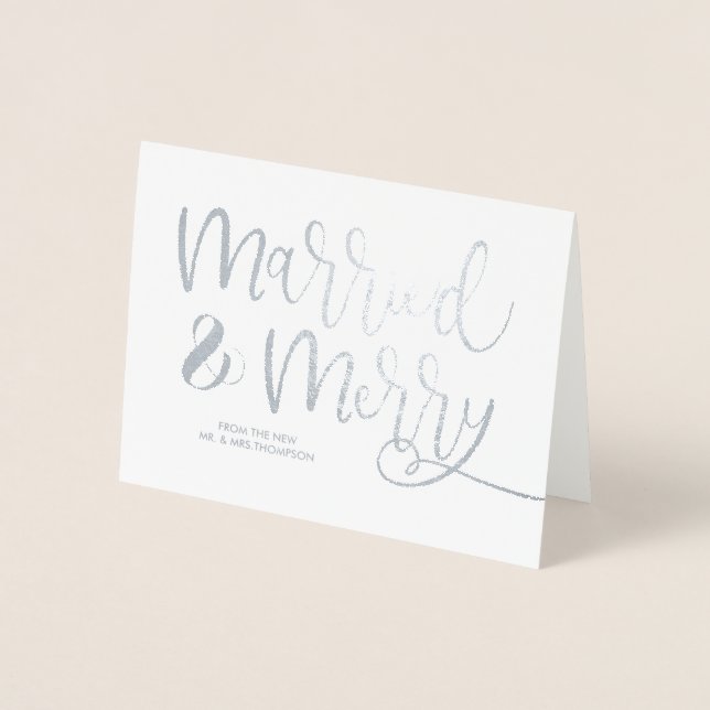 Grey Married & Merry Christmas Thank you Wedding Foil Card (Front)