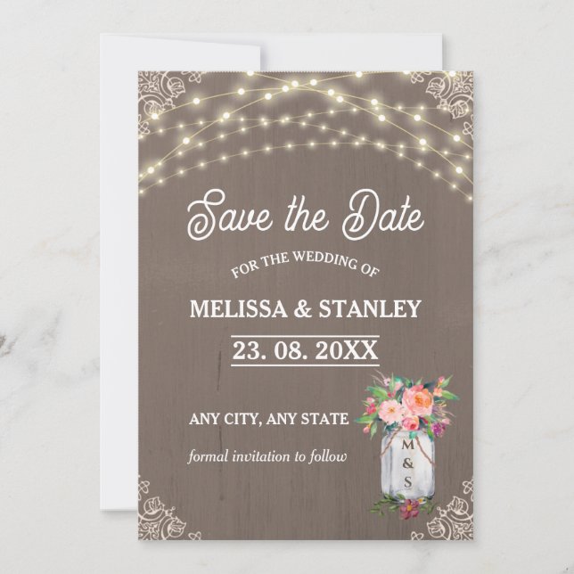 Grey Mason Jar Rustic Flower String Lights  Save The Date (Front)