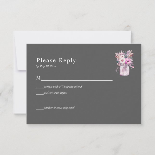 Grey Mason Jar with Flowers RSVP Card (Front)