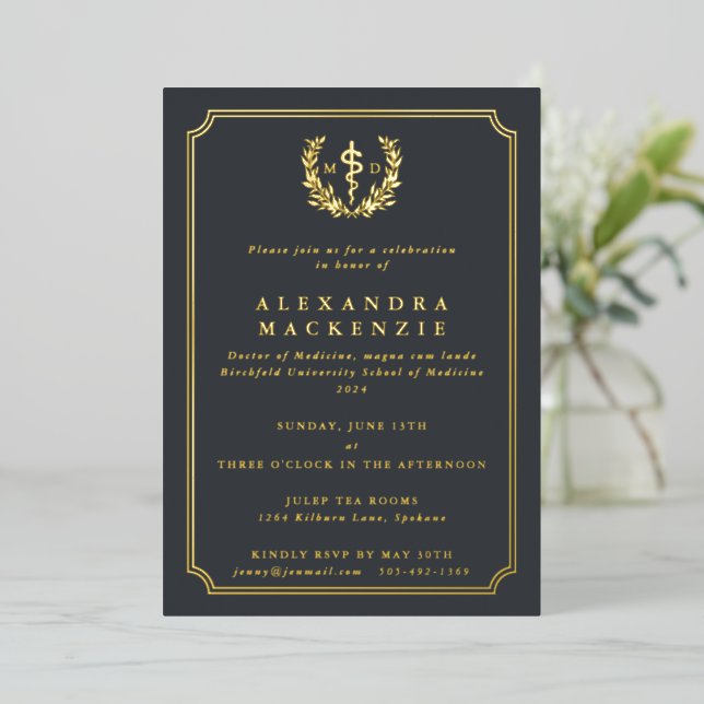 Grey MD Asclepius + Laurel Wreath Graduation (Standing Front)