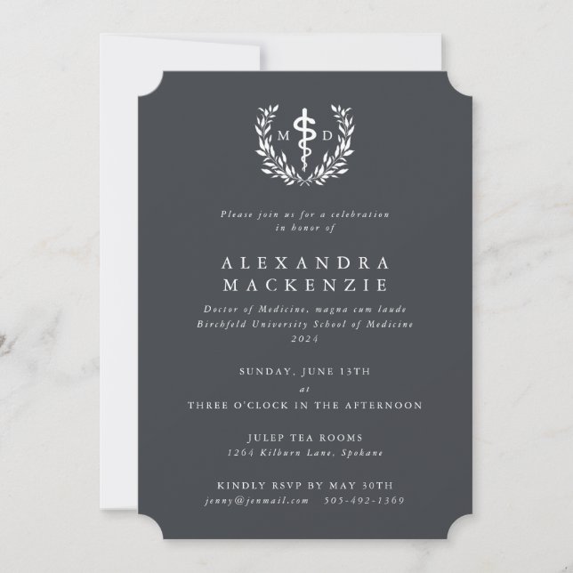 Grey MD Asclepius + Laurel Wreath Graduation Invitation (Front)
