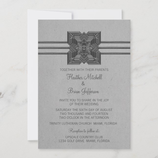 Grey Medallion Border Wedding Invite (Front)