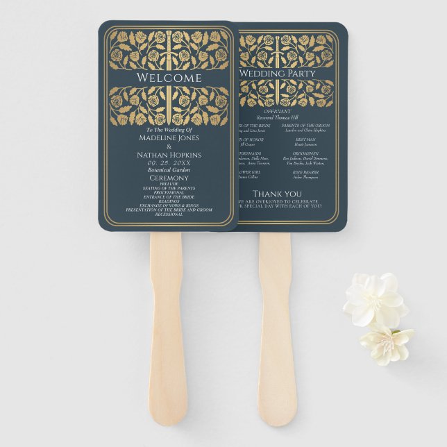Grey Mediaeval Gold Sword Royal Wedding Program Hand Fan (Front and Back)