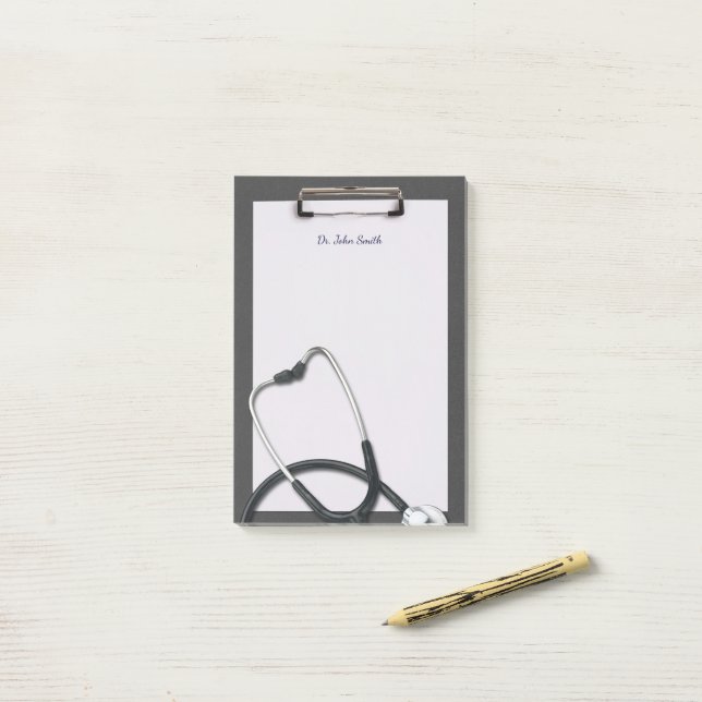 Grey Medical Clipboard with Stethoscope Post-it Notes (On Desk)