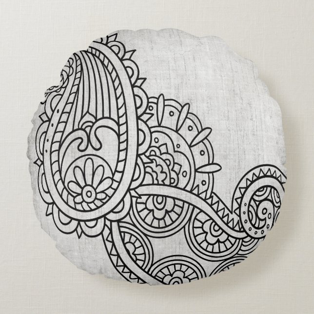 Grey Mehndi Motif Round Pillow (Front)