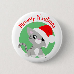 Grey Meowy Christmas Kitty Button