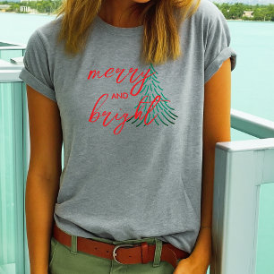 Grey Merry & Bright Scripted Christmas Tree T-Shirt