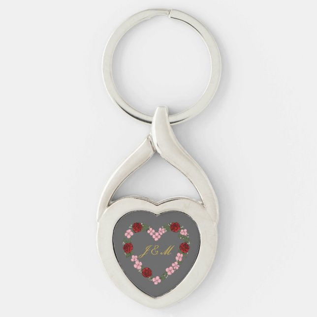 Grey metal keychain with pink and red heart (Front)