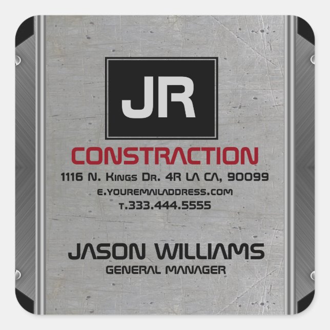 Grey Metallic Grungy Texture Black Accent Square Sticker (Front)