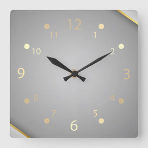 Grey metallic shiny gold line modern square wall clock