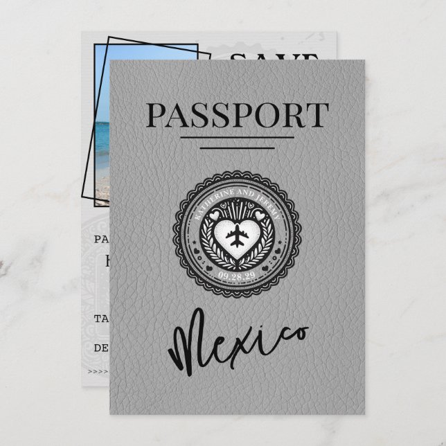 Grey Mexico Passport Save The Date (Front/Back)