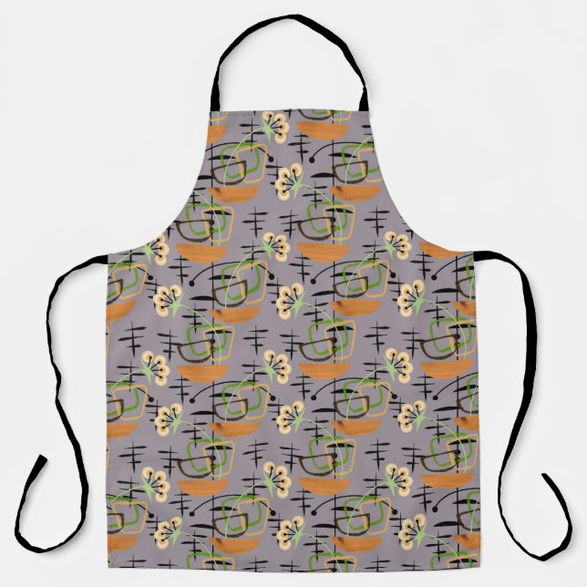 Grey Mid Century Modern House Plants Wooden Bowls Apron (Front)