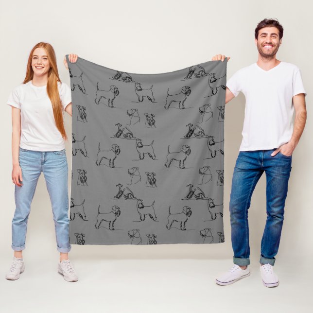 Grey Miniature Schnauzer Line Art Fleece Blanket (In Situ)