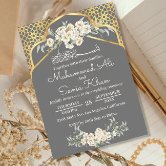 Grey Minimal Floral Gold Islamic Muslim Wedding Invitation