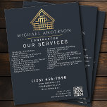 Grey Minimal Home Building Construction QR Code Flyer<br><div class="desc">A simple and minimalist business flyer features your name, title, services, and a QR Code. These Luxury aesthetic business flyers are attention-grabbing, with a unique modern design, while presenting a refined high-end feel. Great for private or commercial contractors of various fields. The face of the cards features white text colours,...</div>