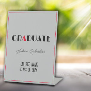 Grey minimalist black red graduation name pedestal sign