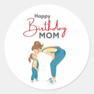Grey Minimalist “Happy Birthday Mom” Graphic Classic Round Sticker