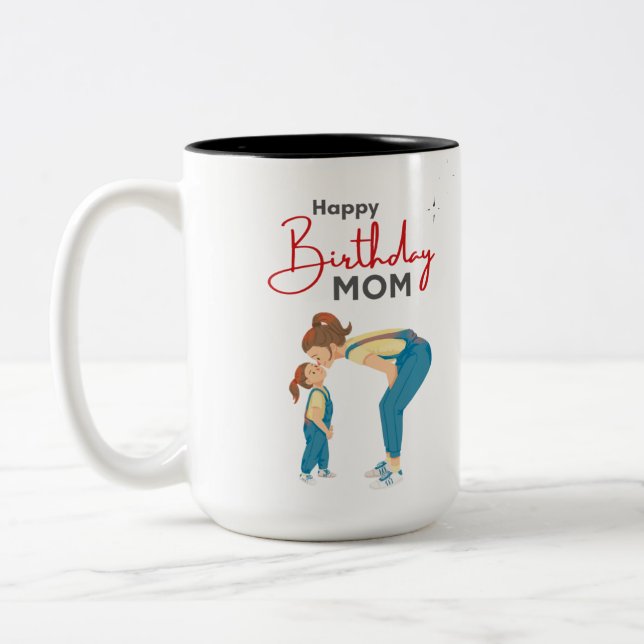Grey Minimalist “Happy Birthday Mom” Graphic Two-Tone Coffee Mug (Left)