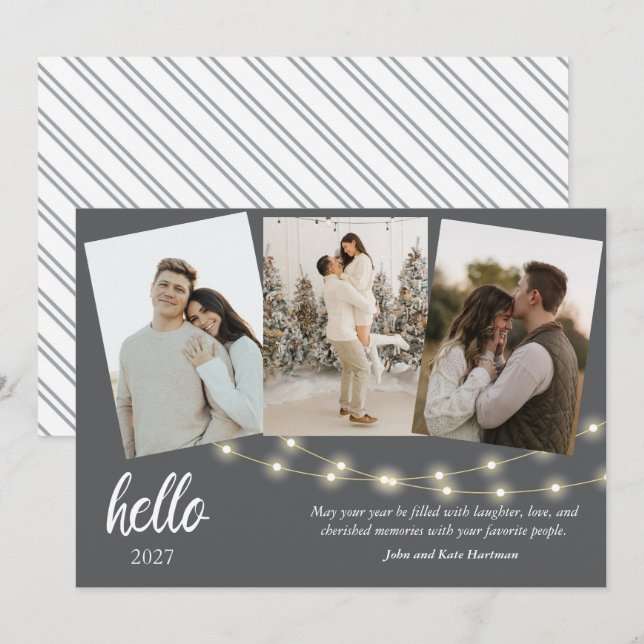 Grey Minimalist Hello New Year Photo Collage (Front/Back)