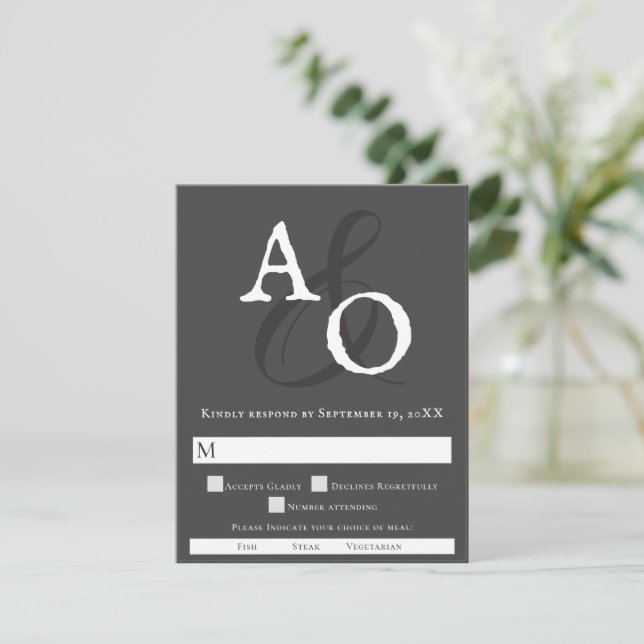 Grey Minimalist Monogram Wedding RSVP Card (Standing Front)