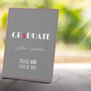 Grey minimalist white red graduation name pedestal sign