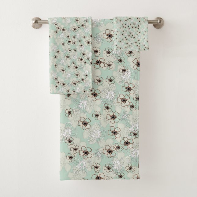 Grey, mint and soft brown floral bath towel set (Insitu)