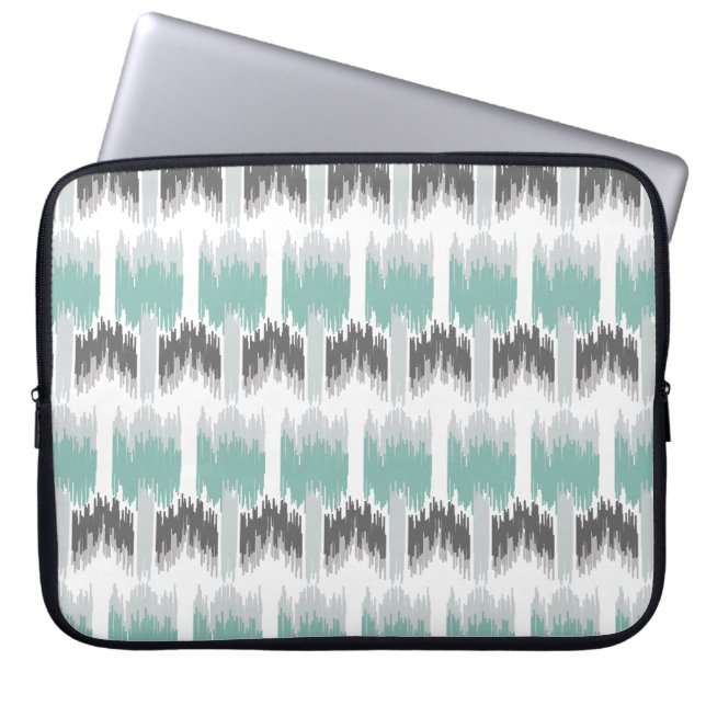 Grey Mint Aqua Modern Abstract Floral Ikat Pattern Laptop Sleeve (Front)