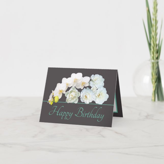 Grey Mint Bouquet White Flowers Happy Birthday Card (Front)