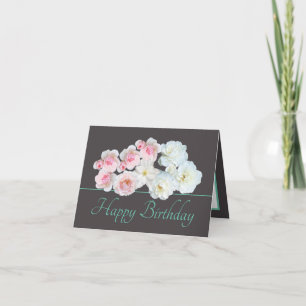 Grey Mint Chic Bouquet White Pink Roses Birthday Card