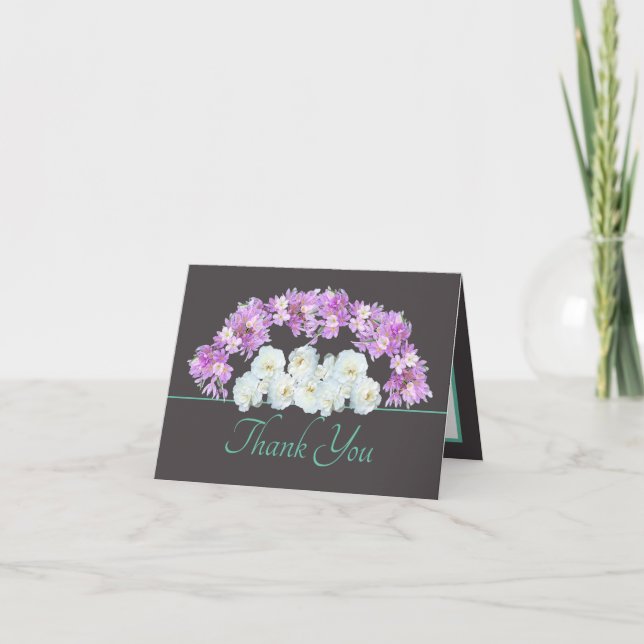 Grey Mint Chic Roses Crocuses Garland Thank You Card (Front)