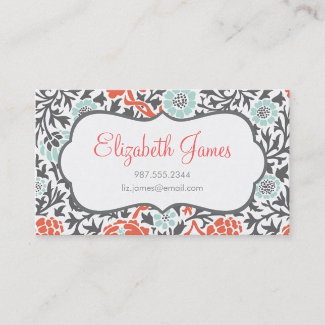 Grey Mint & Coral Retro Floral Damask Business Card (Front)