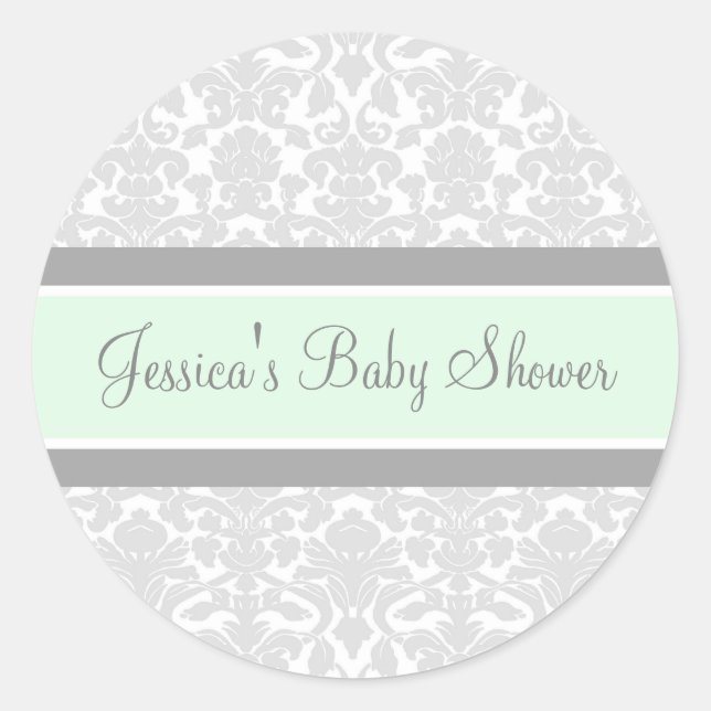 Grey Mint Damask Baby Shower Favour Stickers (Front)