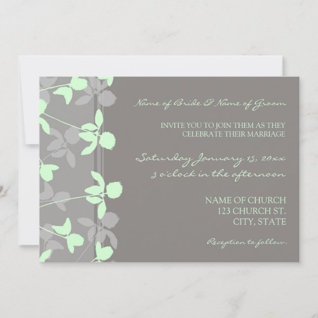 Grey Mint Floral Photo Wedding Invitation Cards (Front)